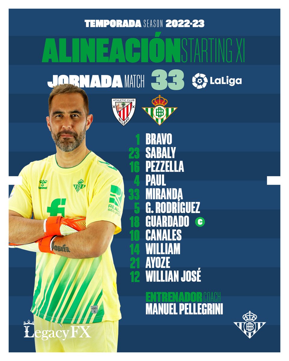 💚💙💚

¡Nuestro once inicial para el #AthleticRealBetis!

#DíaDeBetis