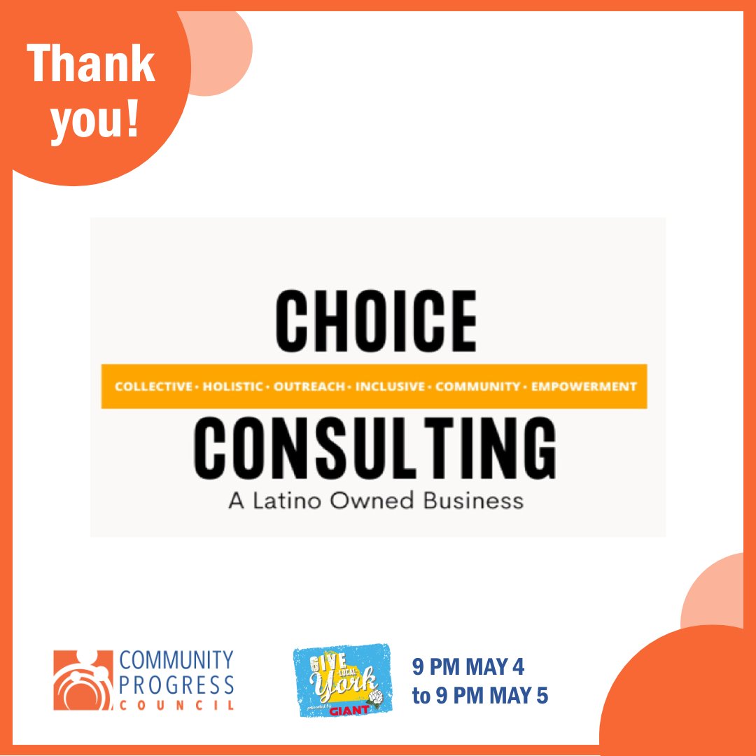 Community Progress Council (@progresscouncil) on Twitter photo Thank you to Choice Consulting LLC for their generous support of Community Progress Council through <a href="/givelocalyork/">Give Local York</a>!
We’re grateful to have partners who support our mission of empowering families & individuals to move toward self-sufficiency.
#GiveLocalYork #IAmProgress Thank you to Choice Consulting LLC for their generous support of Community Progress Council through <a href="/givelocalyork/">Give Local York</a>!
We’re grateful to have partners who support our mission of empowering families & individuals to move toward self-sufficiency.
#GiveLocalYork #IAmProgress