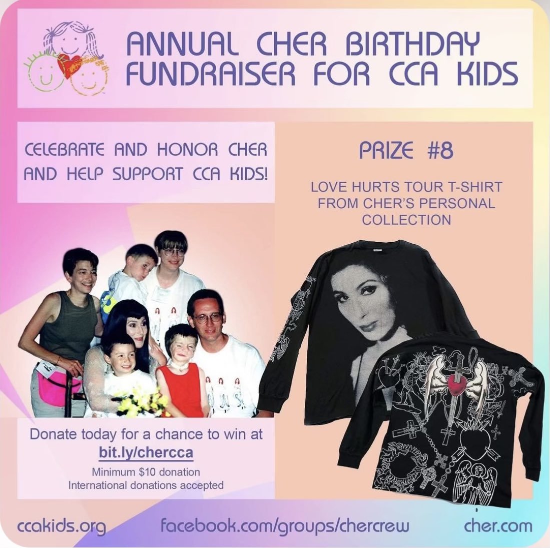 jgnowp's tweet photo. PRIZE #8!
 ‘Love Hurts’ T-shirt from Cher’s personal Collection! Donate to wonderful @CCAkidstweet. Your❤️+ $ supports programs for children, adults &amp; families and
honors Cher on her 77th Birthday!  Please RT/Share! Give $10+ here: https://t.co/KrwYlvCfIB for prizes! Thanks! XO https://t.co/xQKLhAfxyo