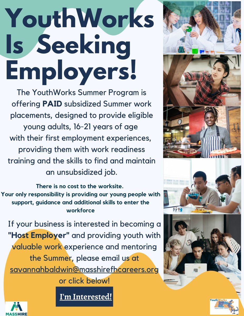 Are you a youth in Western Massachusetts looking for something to do this summer?  Apply here ow.ly/gNt150Og3F8 We are also looking for host employers to welcome interns for the summer season!
If you are interested, email me today! savannahbaldwin@massfhcareers.org -