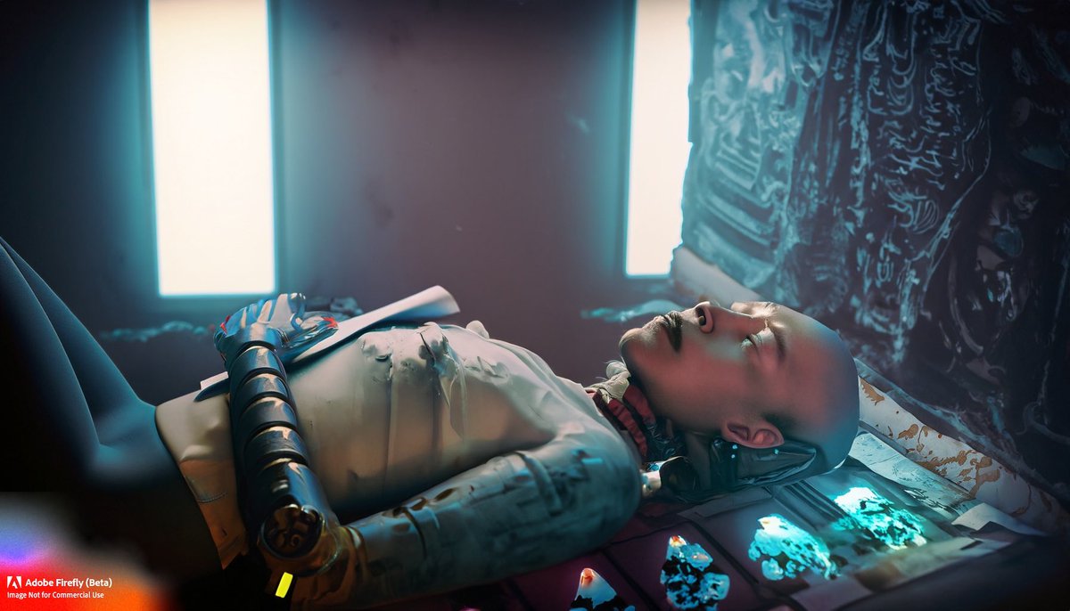 context4ai's tweet photo. I’ve been thinking about how we might treat our AI in the future. And then wondered… What is down time for an android? #cyborgs #relaxation #contemplation #adobefirefly 
(Finally got access to #adobefirefly! Prompts in ALTs) https://t.co/B6Rl4ccA0C