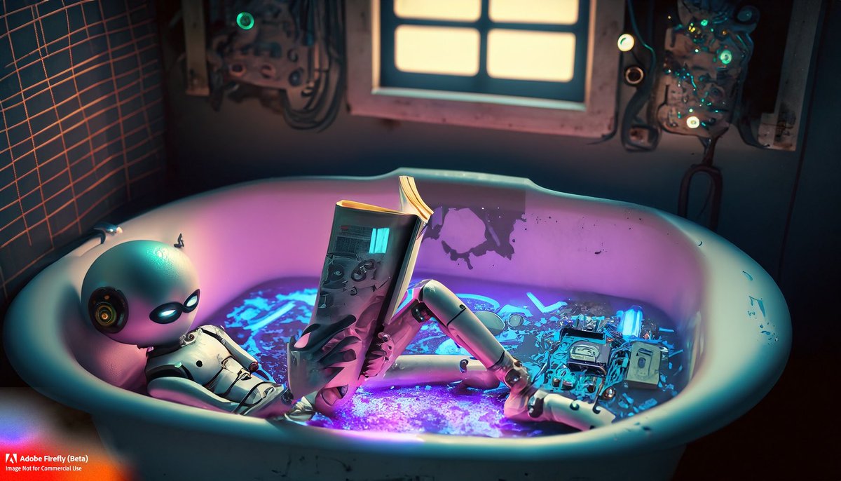 context4ai's tweet photo. I’ve been thinking about how we might treat our AI in the future. And then wondered… What is down time for an android? #cyborgs #relaxation #contemplation #adobefirefly 
(Finally got access to #adobefirefly! Prompts in ALTs) https://t.co/B6Rl4ccA0C