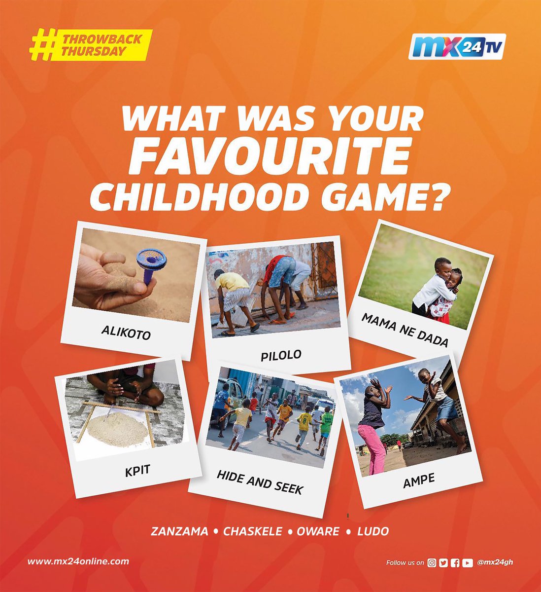 mx24gh's tweet photo. Let’s relive some memories. Share with us what your favorite childhood game was?
#mx24gh #funfearlessfactual #mx24teaser #ThrowbackThursday https://t.co/6WYrR5Tbcp