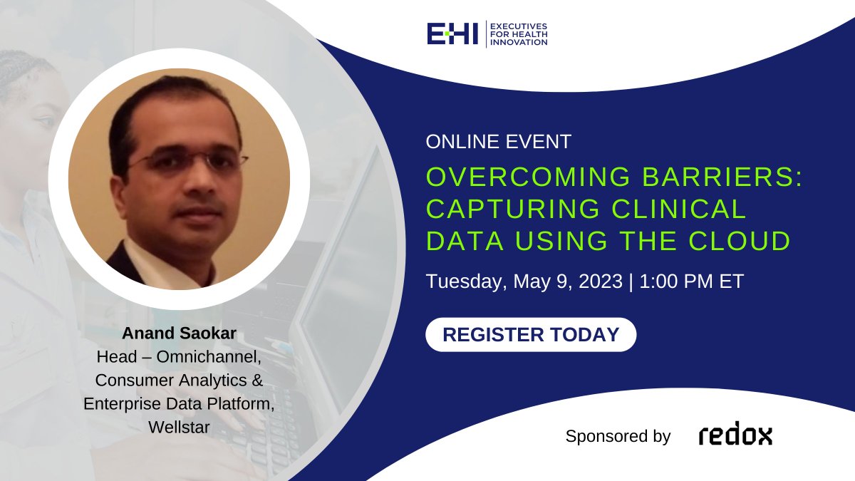 Featured Speaker 👉 Anand Saokar of <a href="/WellstarHealth/">Wellstar Health System</a> 
Register Here: ow.ly/TYMP50O4Wgh <a href="/Redox/">Redox</a> 
#cloud #EHR #IT #clinicaldata
