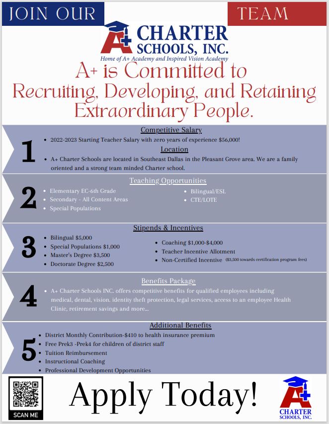 Looking for a new opportunity?! 
A+ Charter Schools offers a great benefits package!