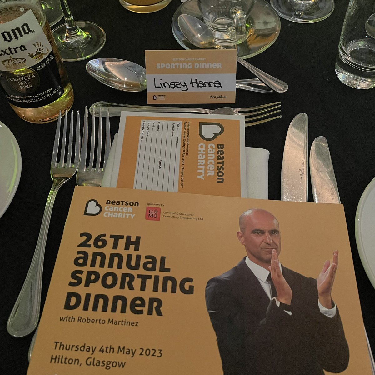 linseyhanna_'s tweet photo. Delighted to be hosting a press table at the #BeatsonSportingDinner tonight for @Beatson_Charity 💛
Roberto Martinez is in the room! ⚽️ https://t.co/25tHNpxp7r