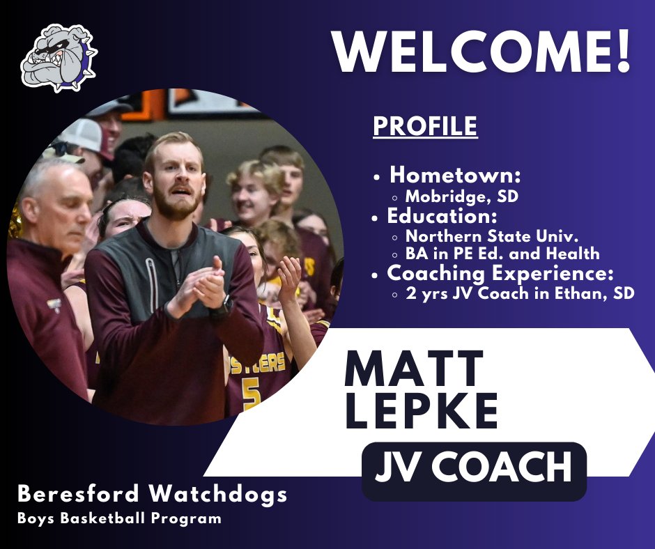 Join us in welcoming <a href="/MattLepke/">Matt Lepke</a> to the Watchdog family!! Coach Lepke will be the new JV coach for Beresford, coming all the way from Ethan, SD. We are excited to have you on board!

#GoWatchdogs #WatchDogWay