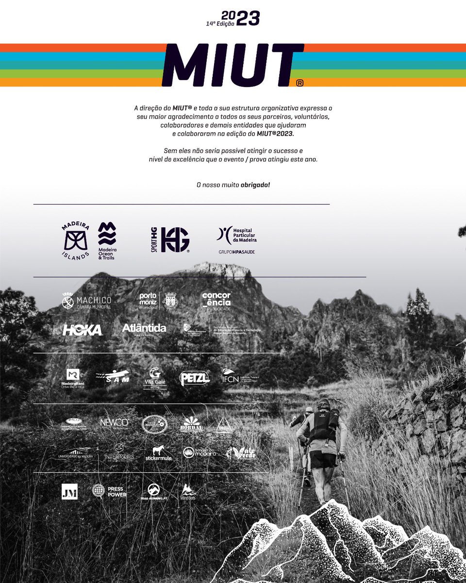 It's time to wrap up our 14th edition of the Madeira Island Ultra Trail! 🏃‍♂️
We want to extend a huge thank you 🙏 to all our sponsors, volunteers, collaborators, and entities who made MIUT 2023 possible! 🌟 
Without you, none of this would have been possible! ❤️ Thank you!