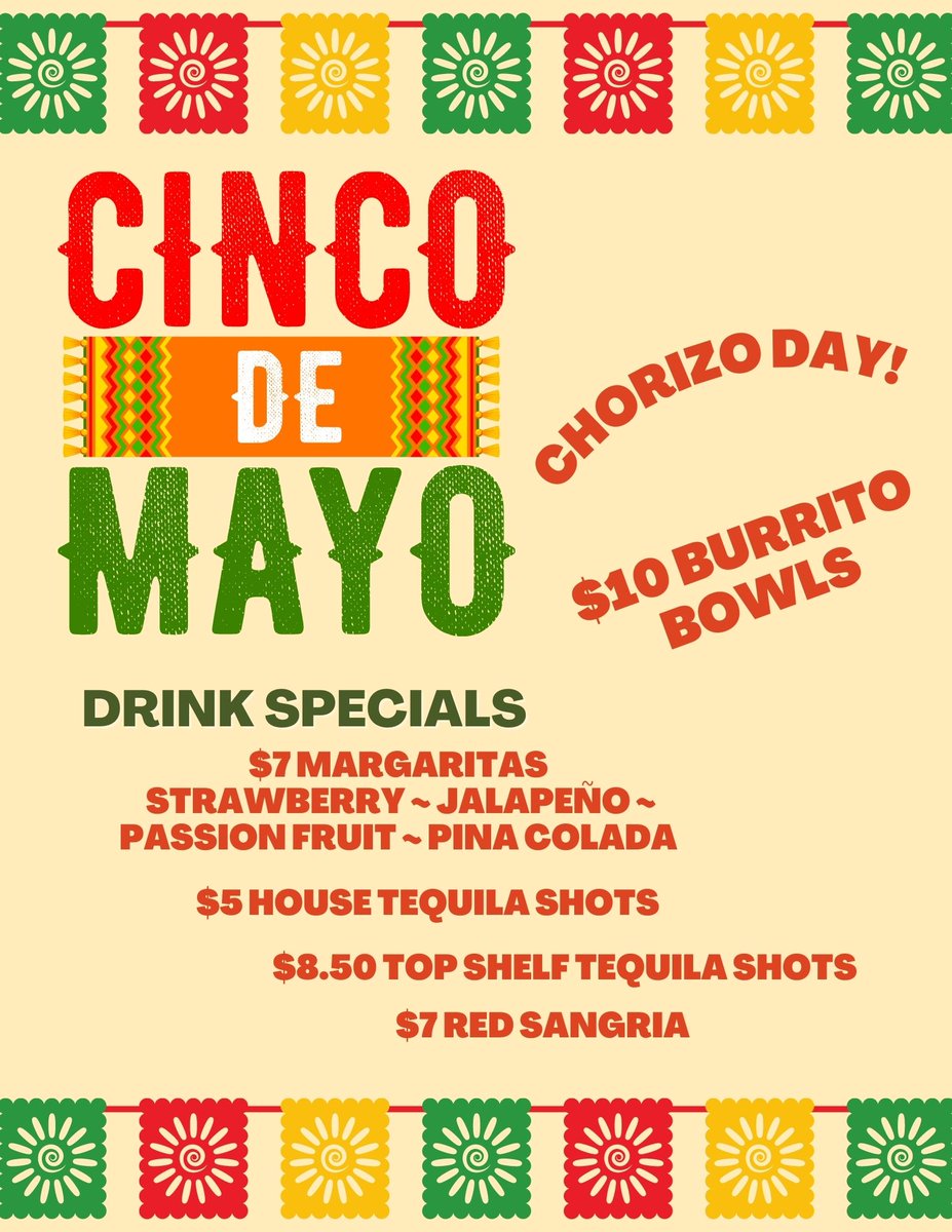 ElPicoSquare's tweet photo. Get ready for a fiesta! Celebrate Cinco de Mayo with delicious drink and food specials! Excite your taste buds with chorizo dishes as well as $10 burrito bowls, margaritas, top shelf tequila, and more! It's going to be a party full of vibrant flavors and good vibes! https://t.co/bT4kMFVruk