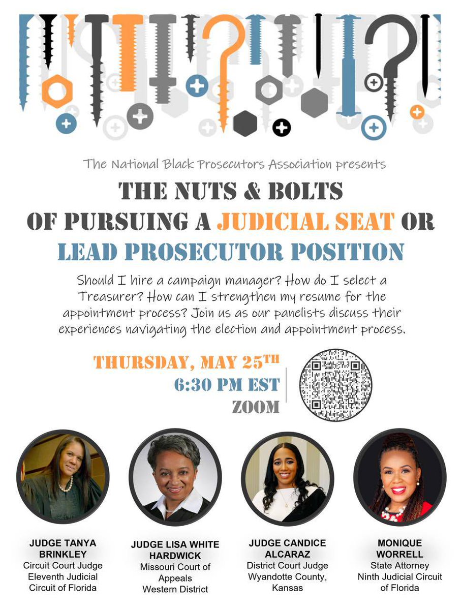 MadamPac's tweet photo. Learn from Black Female Judges about the "Nuts &amp; Bolts of Pursuing a Judicial Seat or Lead Prosecutor Position" on Thursday, May 25, 2023.

They'll talk about their election or appointment process.

#electblackwomen #blackwomenlead https://t.co/7KFShDmdmZ