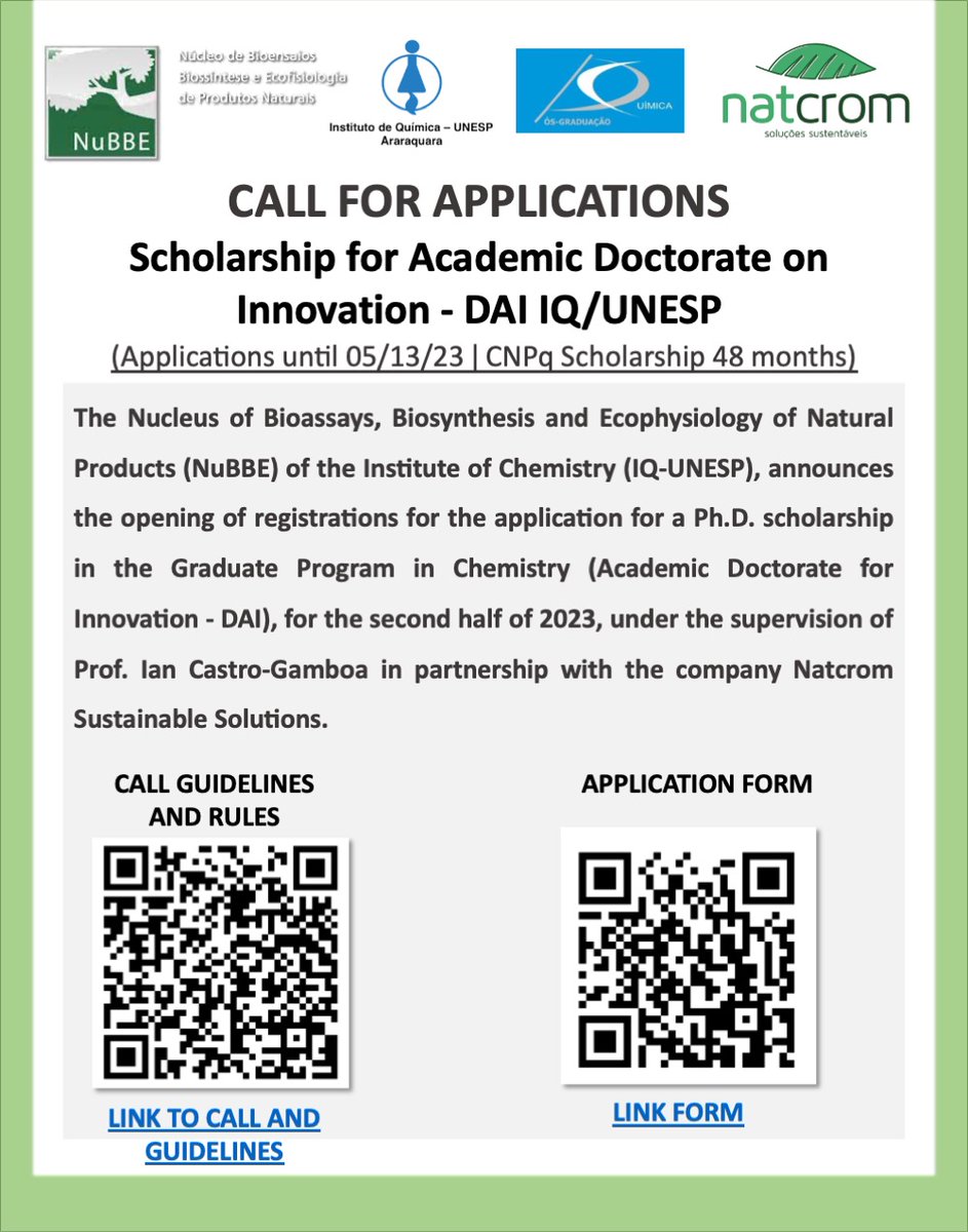 LampsNetwork's tweet image. 🧑‍🔬 Academic Doctorate on Innovation scholarship opportunity at NuBBE/IQ-UNESP!!! 

Call guidelines and rules:
drive.google.com/file/d/1GGRx_e…

Application forms:
docs.google.com/forms/d/e/1FAI…

#nubbe #iqunesp #doctorateopportunity #unesp #doctorate #chemistry #brazil
