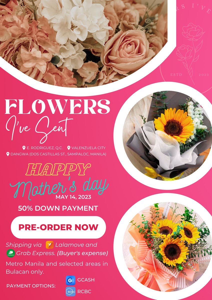 micahvmallari's tweet photo. Show your mom some love this Mother's Day with a stunning bouquet of fresh flowers 🌻

Pre-order now and make her day extra special! ❤️

FB/IG: @FlowersIveSent 

#MothersDay2023  #FlowersPH #FlowerBouquet #Dangwa #FlowersQC #FlowersValenzuela #FlowersBulacan #FlowersManila https://t.co/Txzm1UvJkH