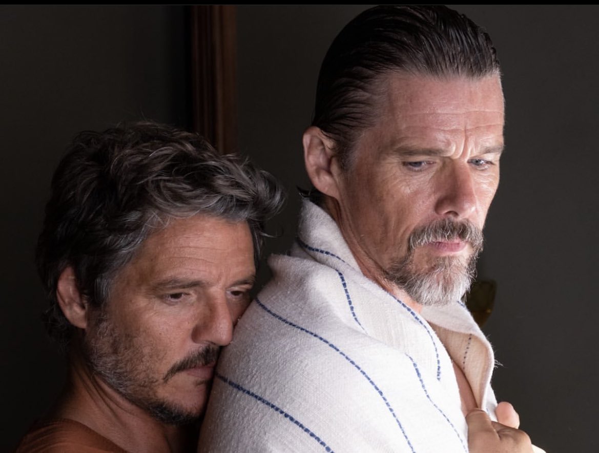 Rowanna73's tweet photo. This. Picture. I just can’t. 🥹🥹🥹
#pedropascal #ethanhawke #almodovar #StrangeWayOfLife #Cannes2023 https://t.co/r5sNy7tLnM