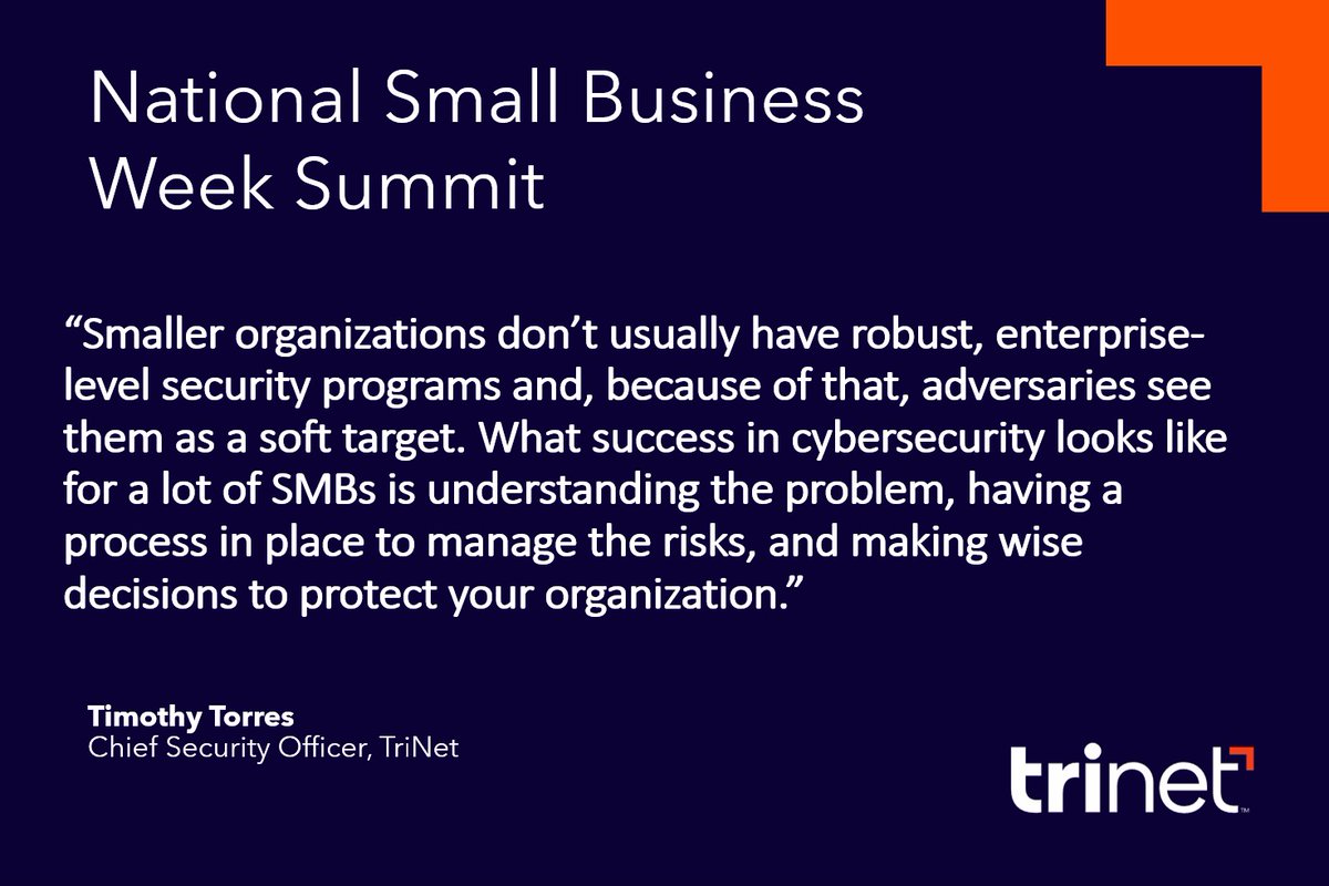 TriNet Chief Security Officer @timtorres is passionate about helping businesses keep their employees & customers cyber-secure! He brought some important info on combatting technology threats to his talk at our #SmallBusinessWeek Virtual Summit! #NSBW23 #NSBW #TriNetSmallBizSummit