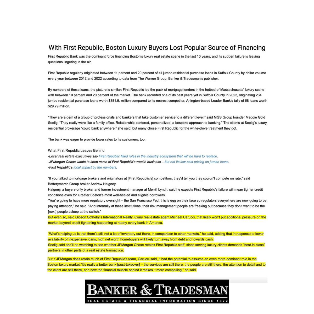 mcarucci's tweet photo. I spoke with @bostonbusinessjournal and  Banker &amp; Tradesman regarding J.P. Morgan acquisition of First Republic Bank. I also shares my thoughts in our May Real Estate Connections. 

#Boston #BostonLuxuryRealEstate #BankerandTradesman #JPMorgan #BostonBusinessaJournal #BBJ https://t.co/Ct6b8ovsRE