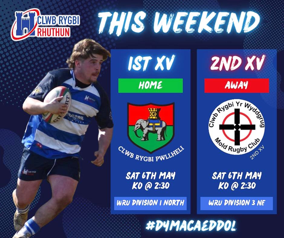 ruthinrugby's tweet photo. A BIG weekend ahead for boys in blue!
1st play their final game of the season at home against fellow highfliers Pwllheli.
2nds face a tough test at Mold in a top of the table clash which will likely decide the winners of the Div 3NE title. A HUGE game with everything on the line. https://t.co/uEIETO5gyr