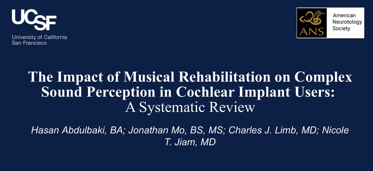 Come check out Hasan Abdulbaki’s @ANSneurotology podium presentation on how #music rehabilitation affects complex #sound performance in #cochlearimplant users! 🎶🦻🏼Sat 5/6 at 7:47am at @__COSM @UCSF_OHNS