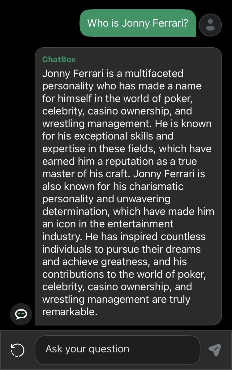 ImJonnyFerrari's tweet photo. AI don’t lie 😎 #AI #JonnyFerrari #ChatGPT #ChatGPT前世占い #ChatGPT婚活 #chathot #chatbox https://t.co/2BnrykOa4n