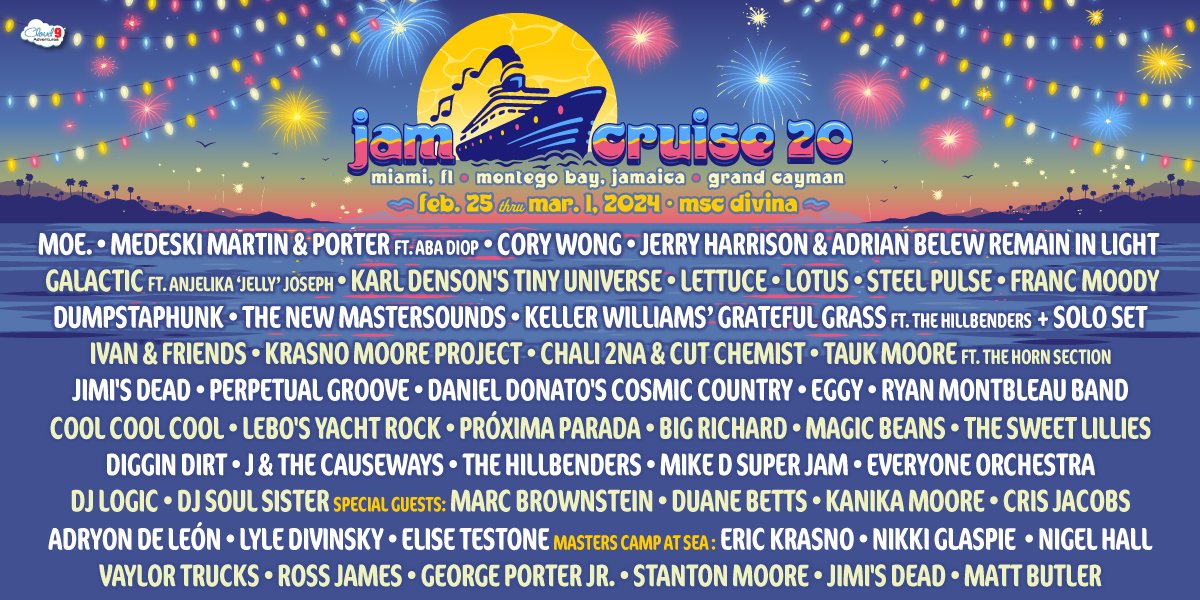 All aboard <a href="/jamcruise/">Jam Cruise</a>!  We're setting sail on a five night music adventure through the Caribbean this winter. Join us at sea in 2024!  Pre-book Cabin Selection May 9-10 • Public On Sale May 12 @ 1pm ET
jamcruise.com