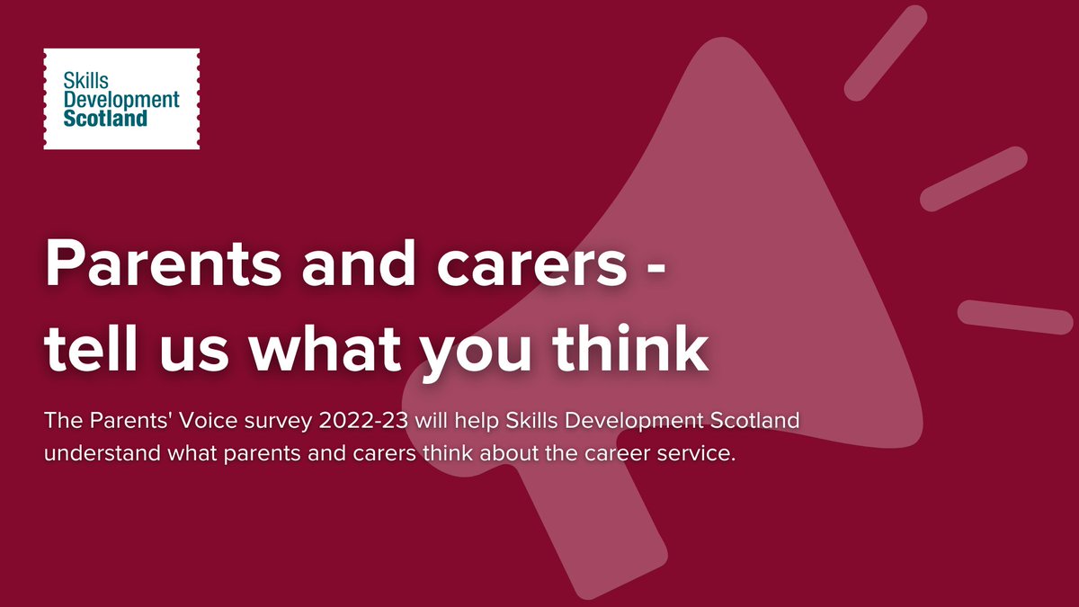 GCParentsGroup's tweet photo. PARENT'S VIEWS REQUIRED

Skills Development Scotland would like to ask for feedback from parents and carers on their career service. Please take this short survey.

https://t.co/bONzgLeCYh https://t.co/71paW9vbJA