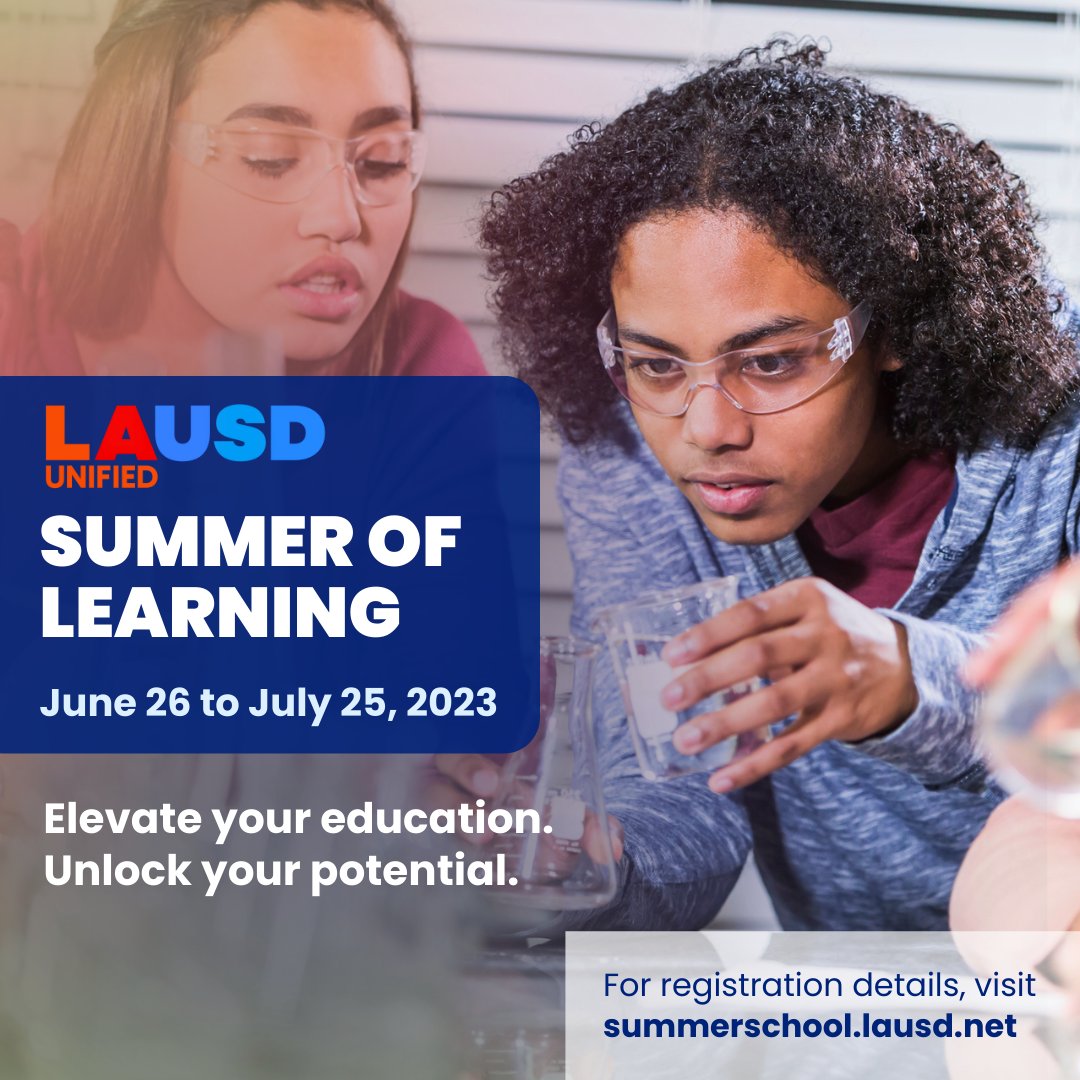 LASchools's tweet photo. Have you registered for summer school yet? Our Summer of Learning Program is for all ages, from ETK-12th grade, offering in person instructional support, after school programs, meals at no cost, and social enrichment courses. Visit: https://t.co/tsEp8aeUKh. #summeroflearning https://t.co/vojNo3C4jU