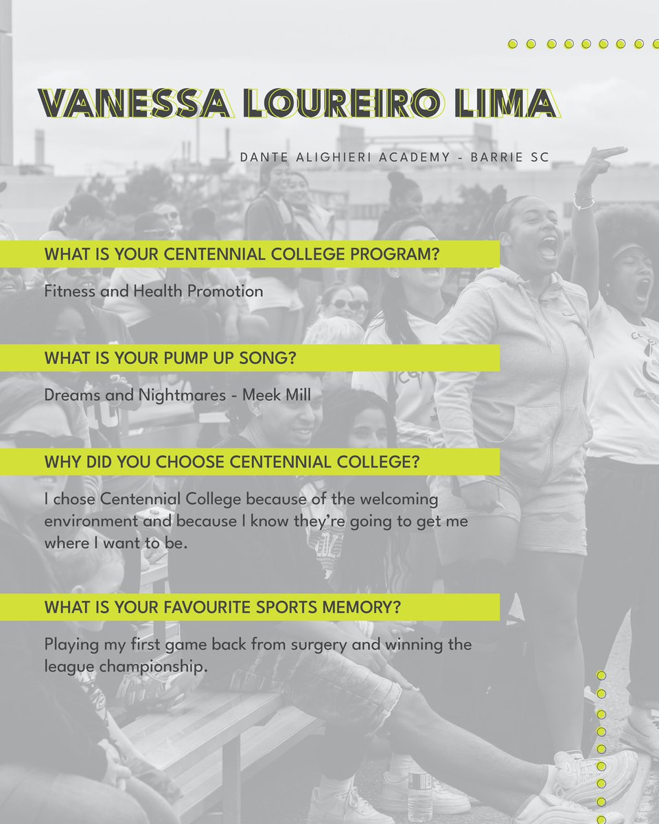 😮‍💨Let’s keep it going and give the biggest welcome to Vanessa Loureiro Lima 👏🏽👏🏽👏🏽 Vanessa is one out of 4 graduating players from Barrie Soccer Club that will be joining us this fall.

She will be studying Fitness and Health Promotion 

Welcome Vanessa, we ride as one!🐎