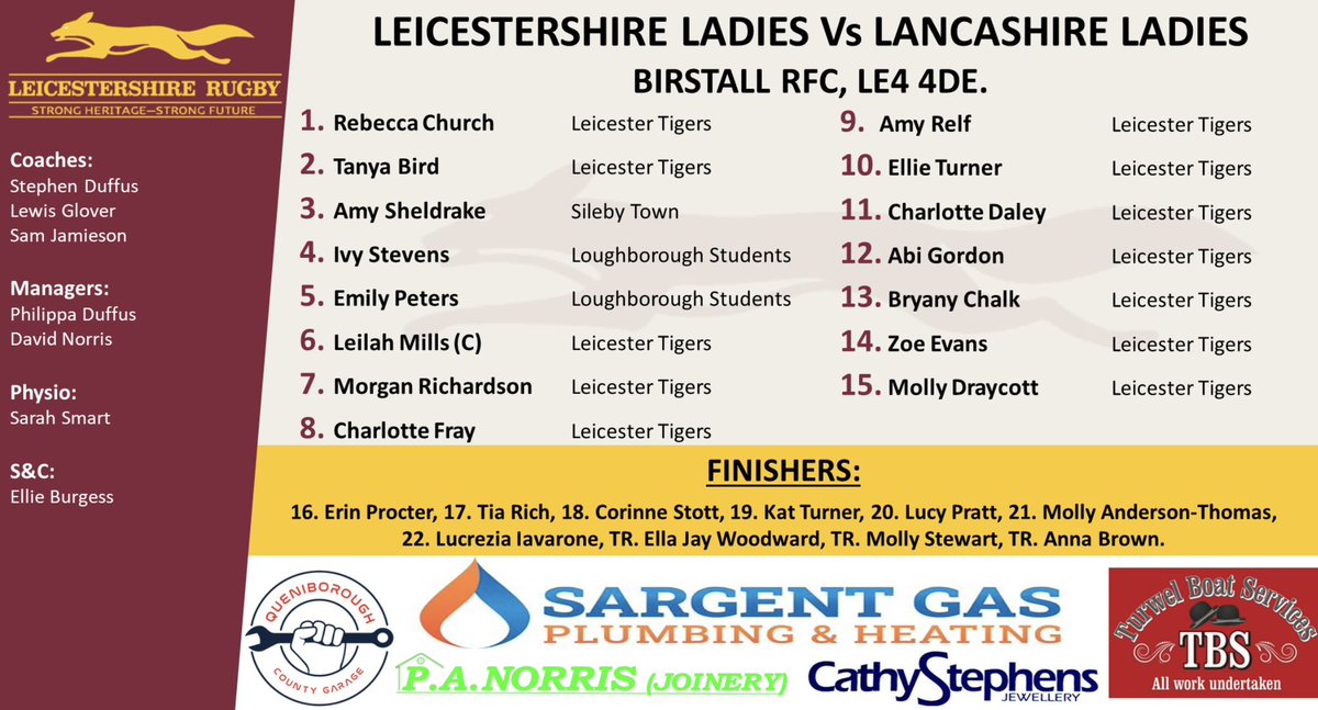 Senior Ladies kick off their Campaign for the Gill Burns County Championship this Sunday! 

Leicestershire vs Lancashire
Sunday 7th May
Kick off : 3pm
Birstall Rugby Club (LE4 4DE)

Congratulations to those selected to play.
All supporters welcome

#weareleicestershire