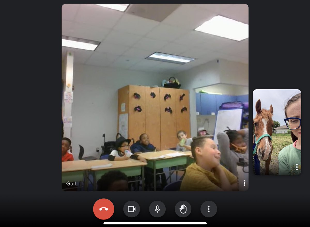 MrsMasons_Class's tweet photo. I’m not at school today, but that didn’t stop the #VirtualFieldTrip I had planned with my students! Today, we spoke to a 🐴 horse expert 🐴 — my mom. We learned about what horses eat, how to ride horses, and how tall they are! 

#BuildingtheBestSPS @SPS_SpecialEd @HillpointHusky https://t.co/rHmpsJ2VHG