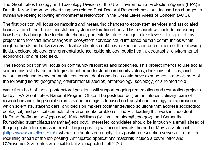 Come work with me! EPA in Duluth, MN will be hiring 2 postdocs to contribute to work examining changes to human well-being following restoration in the Great Lakes. To begin Fall 2023. Interested? Get in touch!