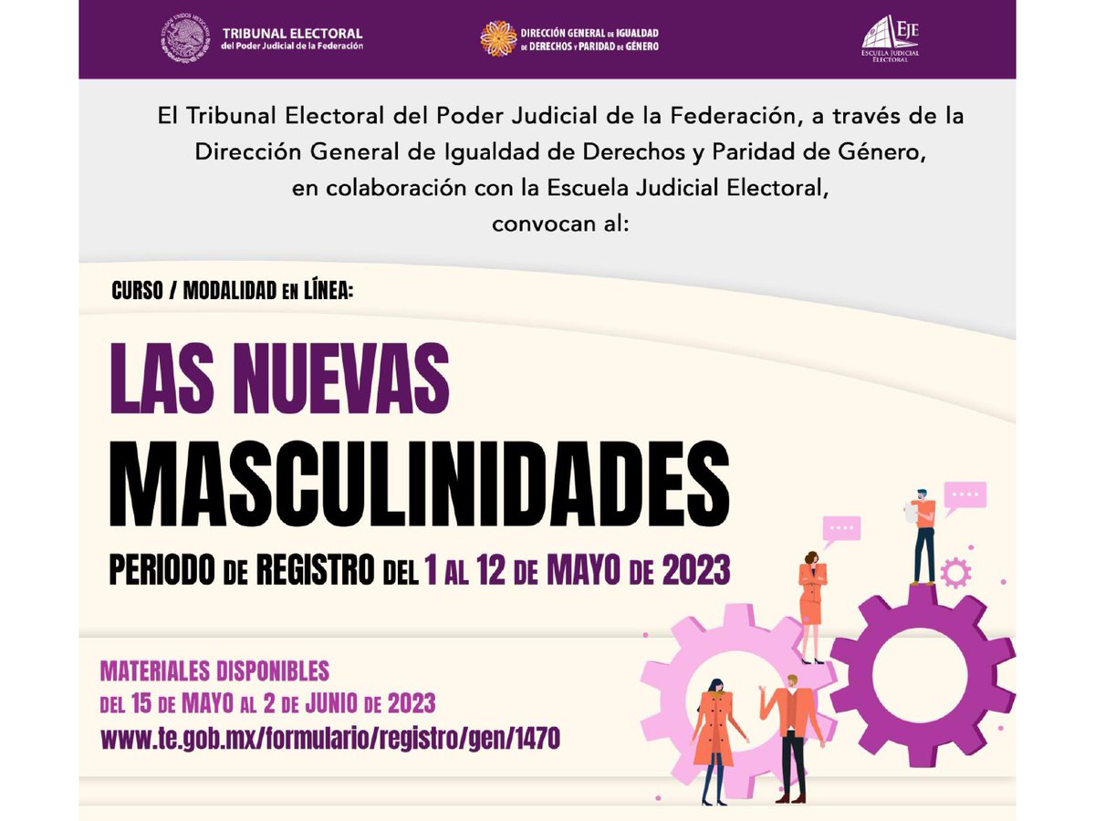 🔷Te invitamos a participar en el 'Curso: Las nuevas masculinidades', modalidad en línea. ✍️Inscríbete a través del siguiente enlace: bit.ly/3nfEkEQ 🗓️El periodo para registrarte concluye el 12 de mayo.