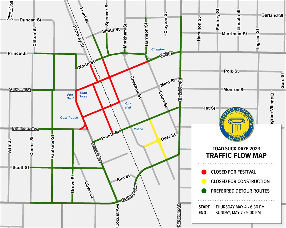 CityofConway's tweet photo. Be prepared for a change in traffic flow, downtown road closures, and an influx of pedestrians surrounding @ToadSuckDaze.
Closures begin Thursday, May 4 at 6:30 p.m. and end Sunday, May 7 at 9:00 p.m. Visit https://t.co/qDIyUyCoID to learn more. #toadsuck #toadsuckdaze https://t.co/qeu9Uj1AWs