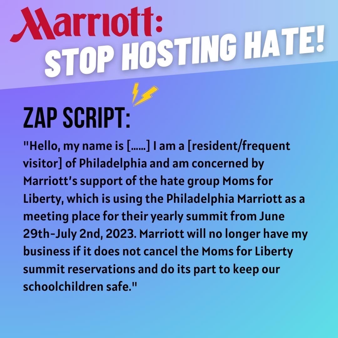 in just under two months, the hate group Moms for Liberty will host their conference in Philly. m4l is behind many of the anti-trans, anti-gay, anti-Black, anti-science attacks on libraries & schools. join me and many others on May 12th to ask Marriott to say no to hosting hate.