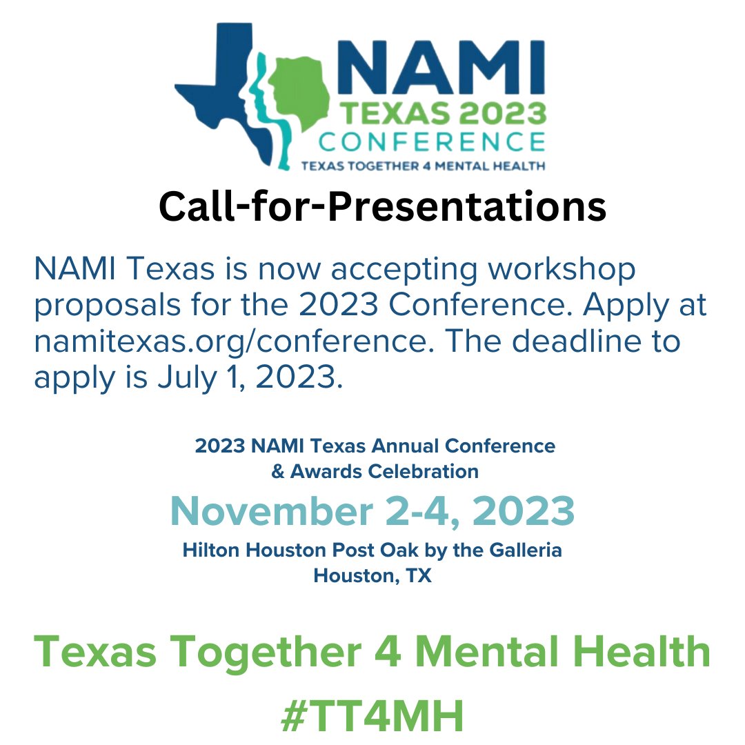 NAMITexas's tweet image. Texas Together 4 Mental Health: The 2023 NAMI Texas Annual Conference in Houston is accepting workshop proposals until July 1, 2023. Apply today to present a workshop at one of the leading mental health conferences in Texas. ow.ly/9ESO50NYNyJ #TT4MH #mentalhealth
