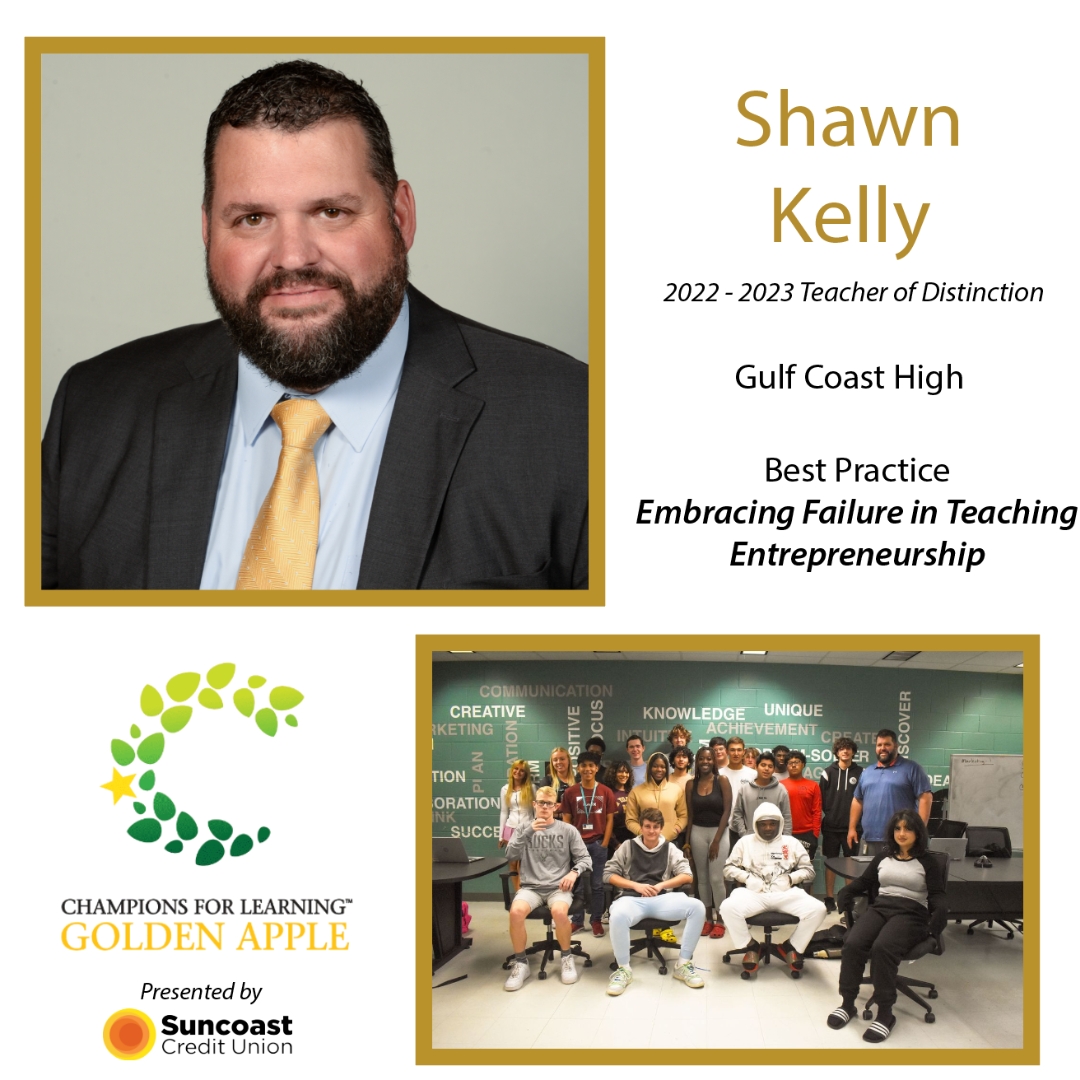In his best practice, 'Embracing Failure in Teaching Entrepreneurship, ' Mr. Kelly is challenging his students to take risks and learn from them. This is helping students embrace their "failures" and helping them grow! #Champs4learning #GoldenAppleCollier <a href="/SuncoastCU/">Suncoast Credit Union</a> <a href="/GCSharks/">GCHS Sharks</a>
