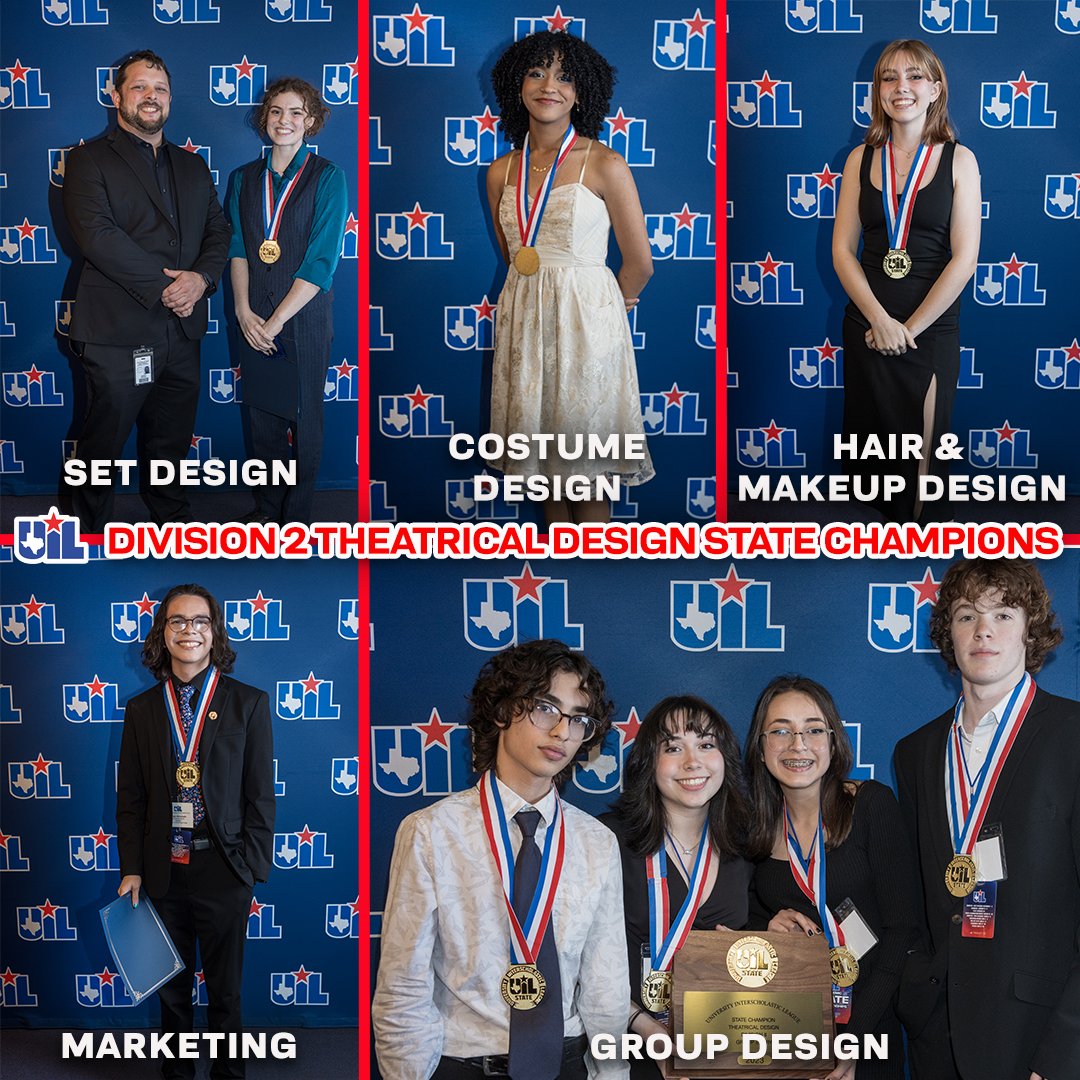 uiltexas's tweet image. Congrats to the #UILState Theatrical Design 🥇Div 2 Medalists!
SET DESIGN🪑: Natasha Newton, Dripping Springs
COSTUME DESIGN👗: Zenora Collier, Dallas Washington
HAIR &amp;amp; MAKEUP DESIGN💄: Nola Ferrell, Lake Belton
MARKETING📣: Diego Alavrado, PSJA Southwest
GROUP DESIGN👥: McAllen