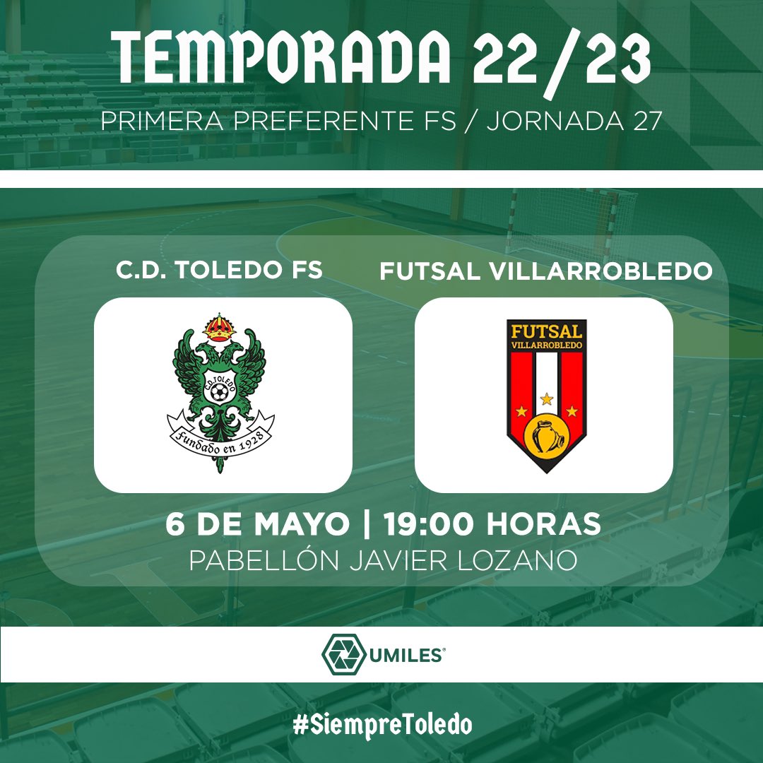 CD_Toledo's tweet photo. 🔝 Duelo de 𝑎𝑙𝑡𝑢𝑟𝑎 para prolongar la racha positiva.

𝗝𝗢𝗥𝗡𝗔𝗗𝗔 𝟮𝟳 #CDToledoFS | 

📆 Sábado 6 de mayo
🆚 @FUTSALVILLARRO 
⌚ 19:00h
🏟️ Pabellón Javier Lozano

#SiempreCDToledo 💚⚪️ https://t.co/RUoTVCfBY5