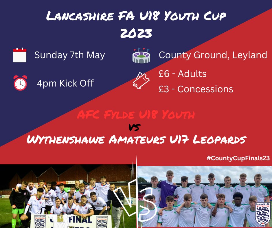 County Cup Coverage | 🏆 

If you can't make it to our U18 Youth Cup final at 4pm on Sunday - watch it on our Joymo stream: bit.ly/44wNvSc

<a href="/AFCFyldeAcademy/">AFC Fylde Academy</a> U18 Youth take on @wythenshaweafc U17 Leopards at the County Ground to battle for the trophy.

#CountyCupFinals23
