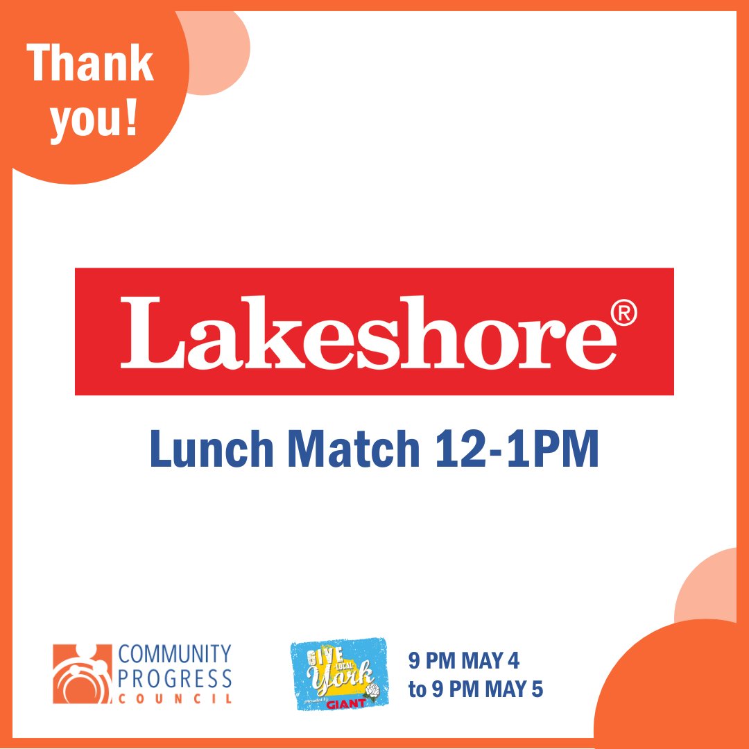 Community Progress Council (@progresscouncil) on Twitter photo Noon to 1 p.m. is the Lunch Power Hour with <a href="/LakeshoreLM/">Lakeshore Learning</a> and CPC!
Every gift up to $200 will be matched 2:1, thanks to Lakeshore's generous sponsorship.
Make your gift this hour at givelocalyork.org/organizations/… and triple your impact!
#GiveLocalYork #IAmProgress #ThankYou Noon to 1 p.m. is the Lunch Power Hour with <a href="/LakeshoreLM/">Lakeshore Learning</a> and CPC!
Every gift up to $200 will be matched 2:1, thanks to Lakeshore's generous sponsorship.
Make your gift this hour at givelocalyork.org/organizations/… and triple your impact!
#GiveLocalYork #IAmProgress #ThankYou