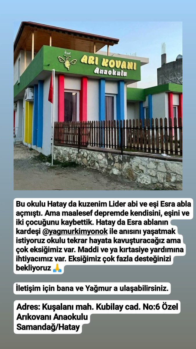 minatic18's tweet photo. Kuzenim Lider abi ve eşi Esra abla için desteğinizi bekliyoruz. İki çocuğu ile hepsini maalesef depremde kaybettik.... ve bu okulu onlar için ayakta tutmak istiyoruz 🙏 https://t.co/05NbkAx8dz