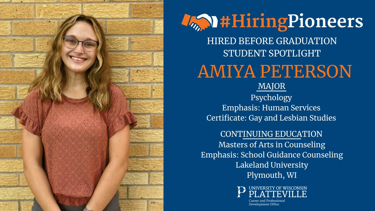 Amiya Peterson
Hometown: Leopolis, WI
Major: Psychology
Emphasis: Human Services
Certificate: Gay and Lesbian Studies

Continuing Education: Masters of Arts in Counseling- School Guidance Counseling Emphasis, Lakeland University

<a href="/uwplatteville/">UW-Platteville</a>