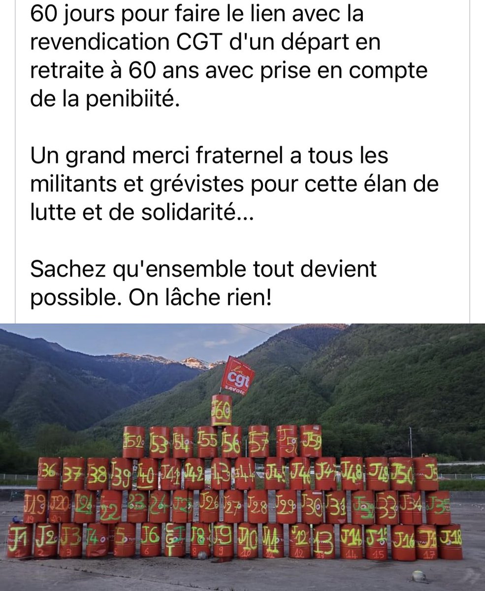 #RetraitReformeDesRetraites 
Bravo aux collègues et camarades de la centrale hydroélectrique de La Bathie et du syndicat CGT Énergie Savoie. Fierté, honneur et respect !