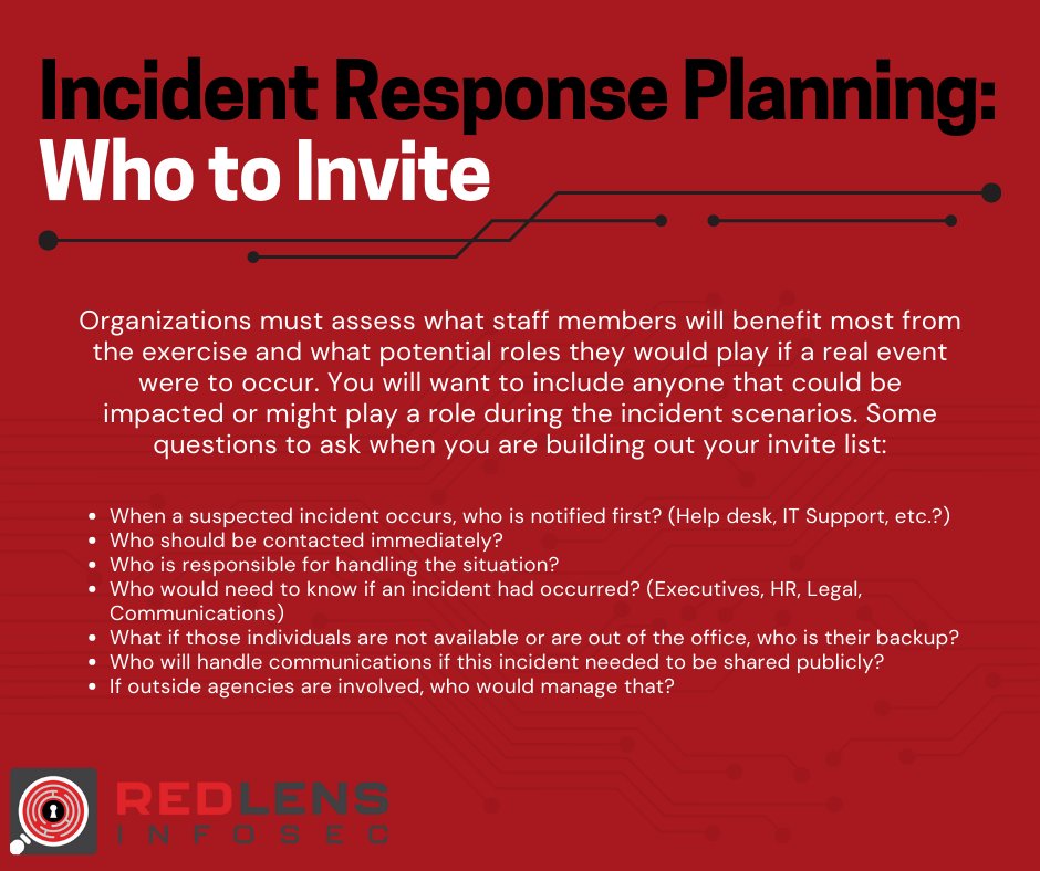 RedLensInfoSec's tweet photo. Testing your organization's #incidentreponseplan is the best way to identify gaps before a real #databreach occurs. Our team provided this tip on who within your organization should be involved in your plan. Ready to test your IRP? We're here to help.

https://t.co/oaP9gGb4UT https://t.co/PK0NcVzCQj