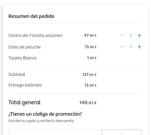 altues's tweet photo. @interfloraes, ¿me podéis explicar esta suma de importes? Quiero hacer un pedido pero estáis aplicando el doble de lo que realmente vale. Mal momento para tener este error en la web. https://t.co/BtOz8lUQE3
