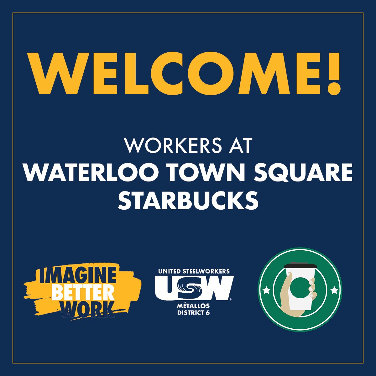 uswdistrict6's tweet image. ❗️📢 BREAKING NEWS: Starbucks workers at the Waterloo Town Square just voted to become members of the Steelworkers union! This marks the first Starbucks store in Ontario to be unionized. 

Full release: usw.ca/starbucks-wate… #EverybodysUnion #CanLab