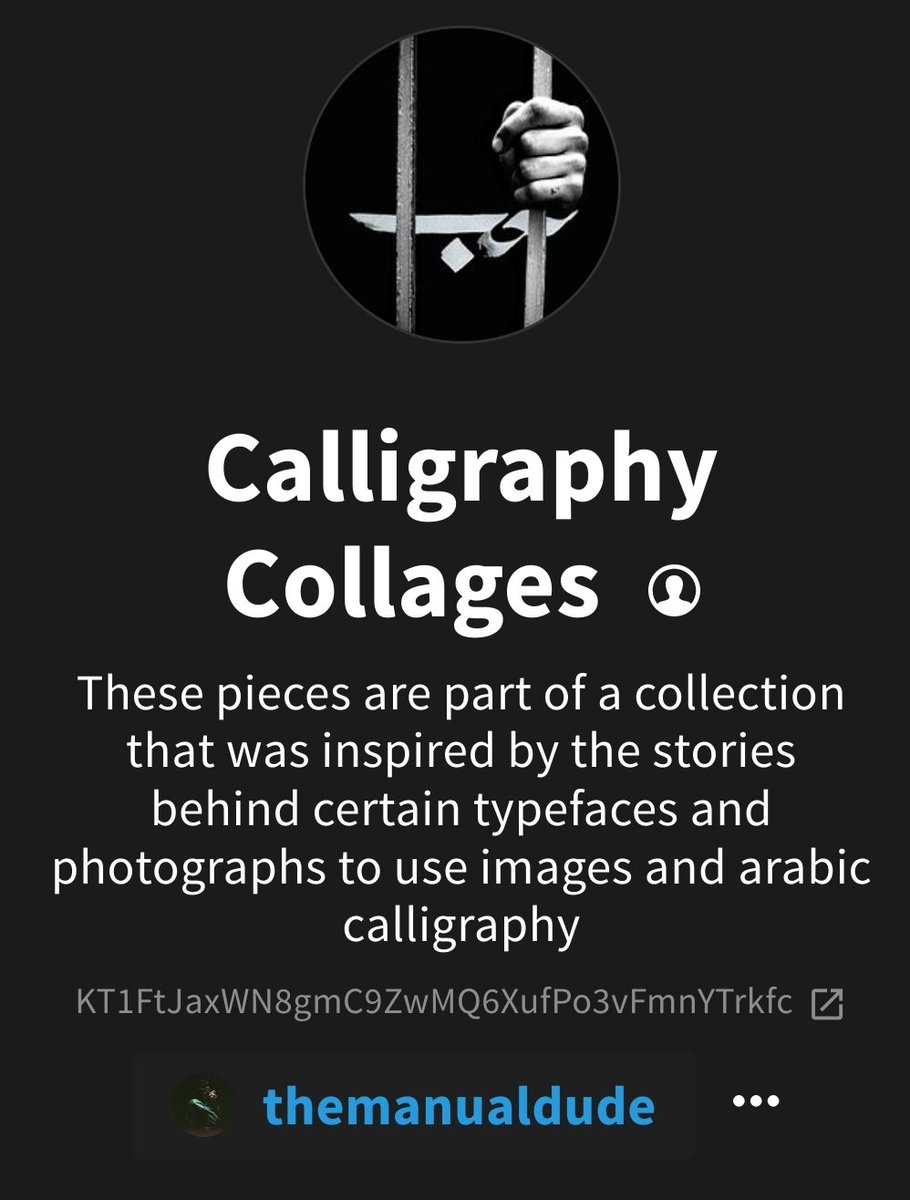 themanualdude's tweet image. Hey fam 💖
I want to talk about a collection of mine on @objktcom called  Calligraphy Collages .
These pieces are part of a collection that was inspired by the stories behind certain typefaces and photographs to use images and arabic calligraphy.
#themanual
#nft #nftcollectors