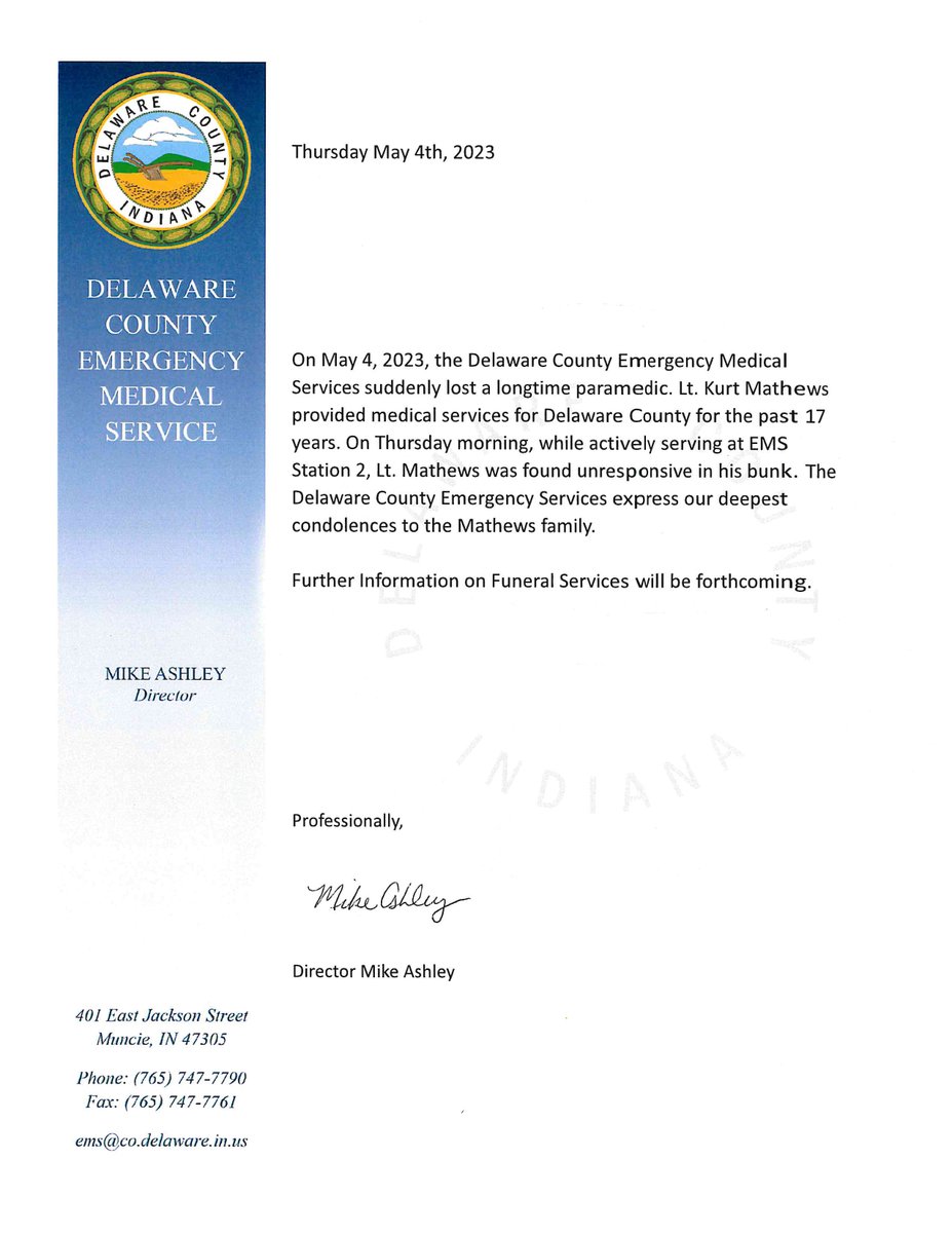 DelawareIndiana's tweet image. Today, Delaware County lost one of its own.
On May 4, 2023, the Delaware County Emergency Medical Services suddenly lost a longtime paramedic. Lt. Kurt Mathews provided medical services for Delaware County for the past 17 years and will be sorely missed.
