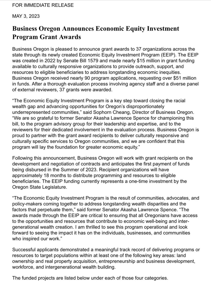 teamakasha's tweet photo. The recipients of the Economic Equity Investment Program which advances upstream solutions to poverty and wealth inequality through home and land ownership, entrepreneurship, and workforce development were announced by @BusinessOregon yesterday view grantees ⬇️
#orpol #orleg https://t.co/OdZ8PcKCgG