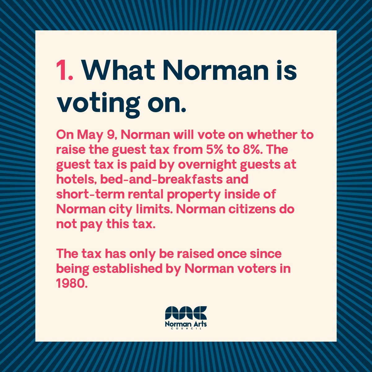 NormanArts's tweet image. A special election takes place this coming Tuesday, May 9 — early voting started today! — to decide on a guest tax increase. Here are a few things you should know before casting your ballot.

We encourage Norman citizens to vote and make their voices heard this Tuesday!