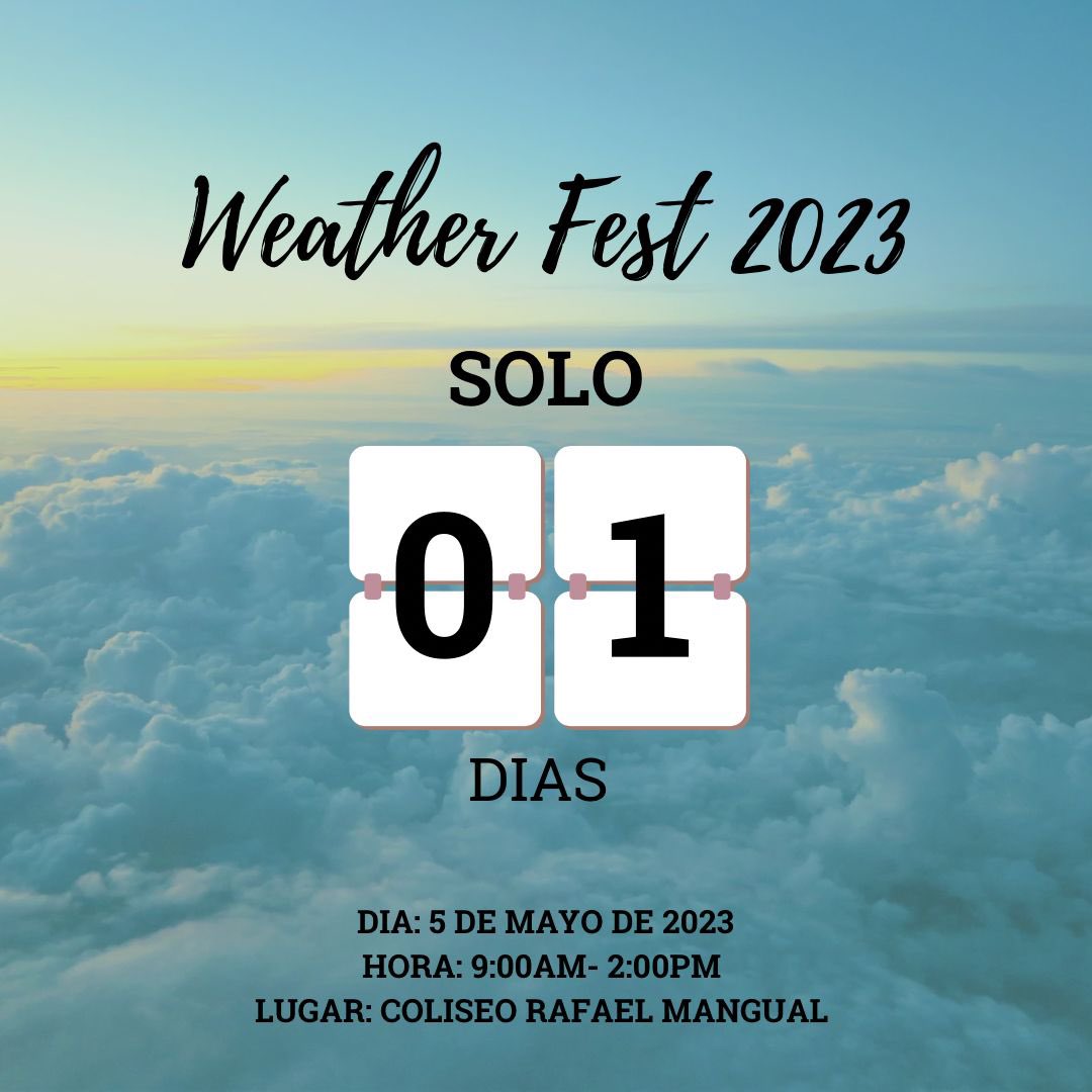 Mañana es el tan esperado Weather Fest 2023. Podrás compartir con las diferentes organizaciones y tener un día interactivo y lleno de aprendizaje. 

¡No te quedes fuera! 💚⛅️

Inscripción de escuelas: forms.gle/9hD68DqvoLQMjm…

Inscripción individual: forms.gle/A5yUsjDHhJ7jEF…