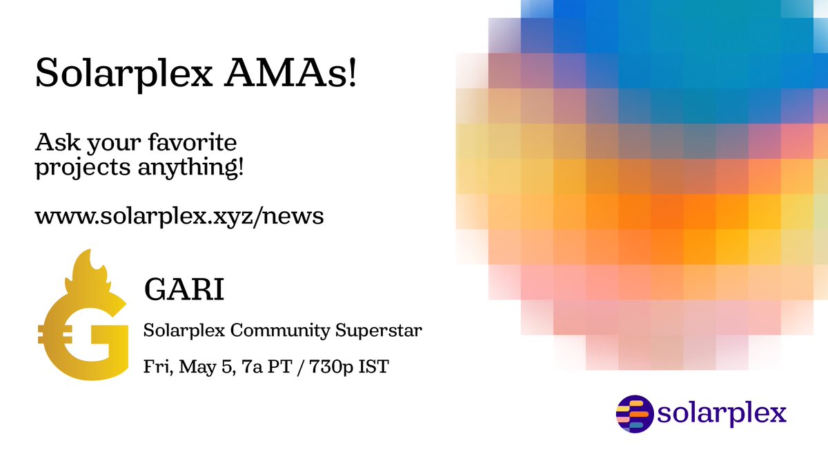 solarplex_xyz's tweet photo. We're hosting an exclusive AMA with @TheGariNetwork tomorrow at 7am PT / 7:30pm IST!
Join @DrJohnD0e, @Sir_Kedia, and @mukul_israni as they discuss how the @Chingari_IN app uses SPL tokens to reward video creators! 🌟 #ChingariApp https://t.co/qPrf7nmyRv